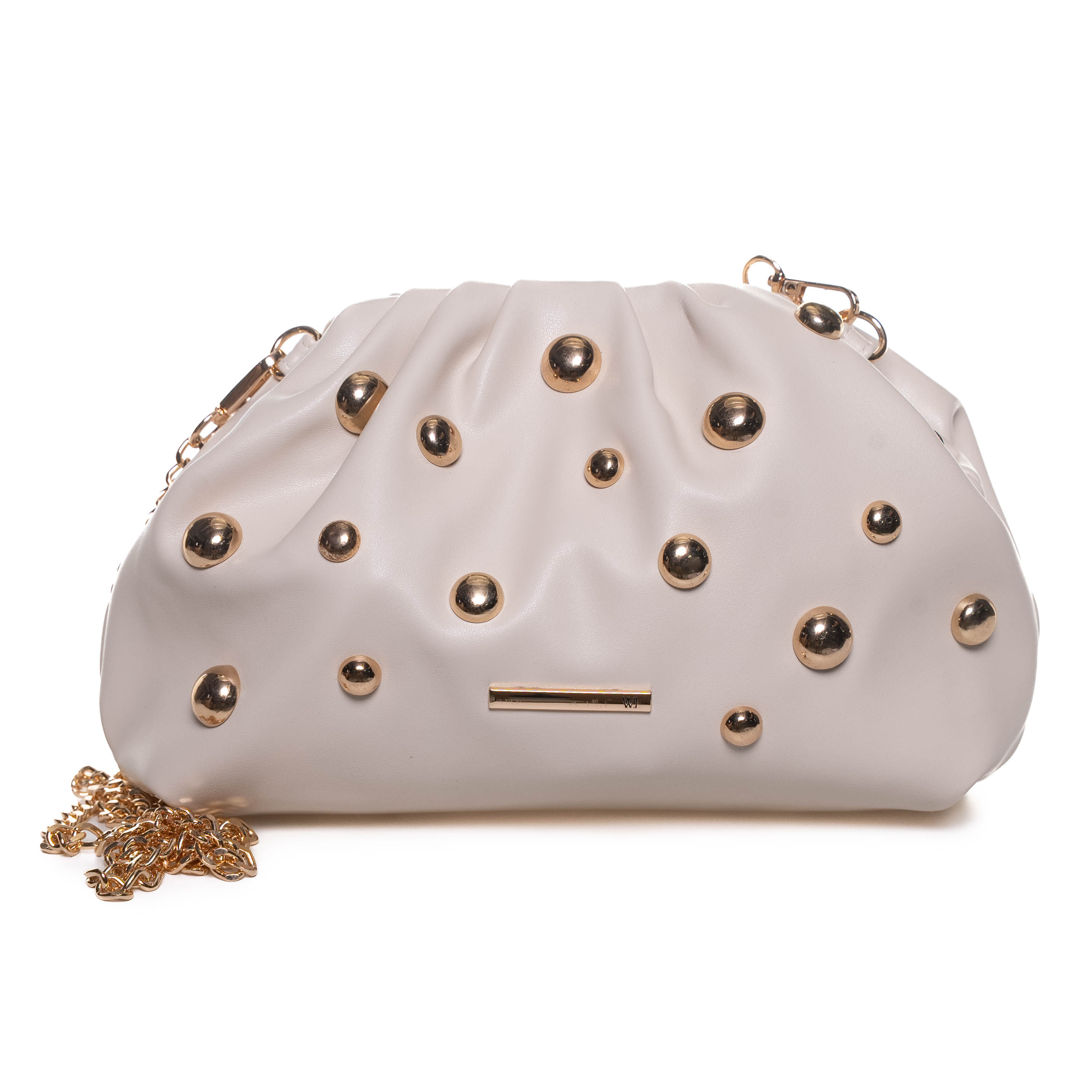 Bolsa clutch grande feminina off white com esferas metálicas douradas e acabamento sintético, vista frontal